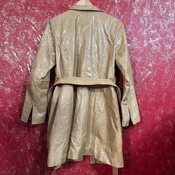 EXPRESS Y2K Vintage Camel Tan Belted Leather Jacket Trench Coat 12